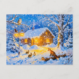 Winter Boshuisje met Bosdieren Briefkaart