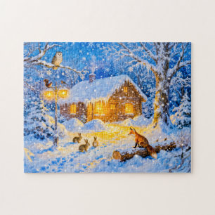 Winter Boshuisje met Bosdieren Legpuzzel