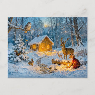 Winter Boshuisje met Hert, Vos en Uil – Waaiers Briefkaart