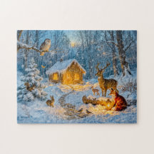 Winter Boshuisje met Hert, Vos en Uil – Waaiers