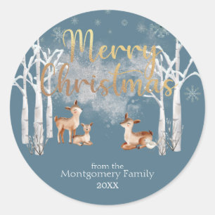 Winter bosland herten & Goud Kerstmis op Blauw Ronde Sticker