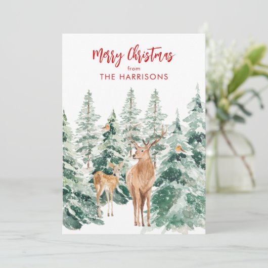 Winter Bosland Herten Kerstmis Vakantiewenskaart Feestdagenkaart (Staand voorkant)