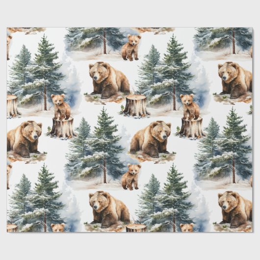 Winter Bosland Moeder & Cub Grizzly Beer Land Cadeaupapier (Vlak)