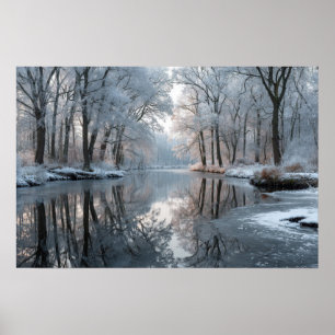Winter boslandschap met een kalme rivier poster
