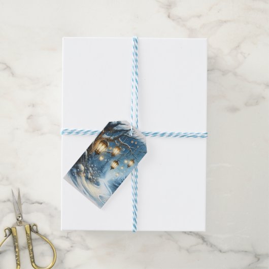 Winter Bossen Blue Scene Kerst Cadeaulabel (Met Touw)