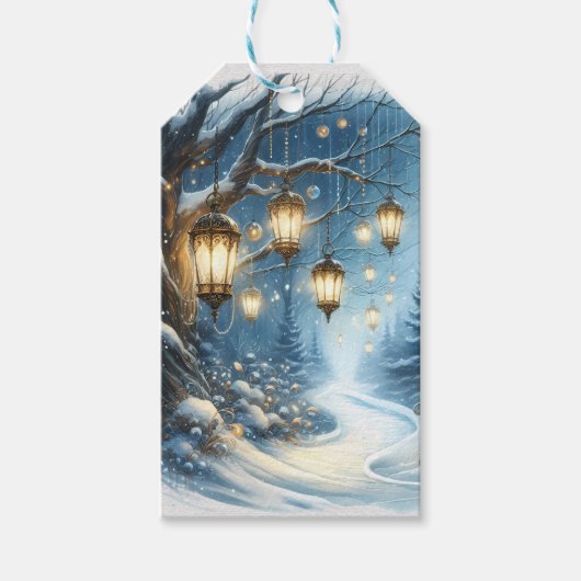 Winter Bossen Blue Scene Kerst Cadeaulabel (Voorkant)