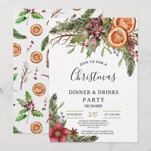 Winter Botanical Christmas Invite | Rustic Dinner  Kaart (Voorkant / Achterkant)