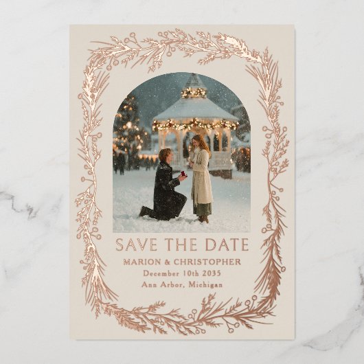 Winter Botanical Frame Photo Save the Date Folie Feestdagenkaart (Voorkant)