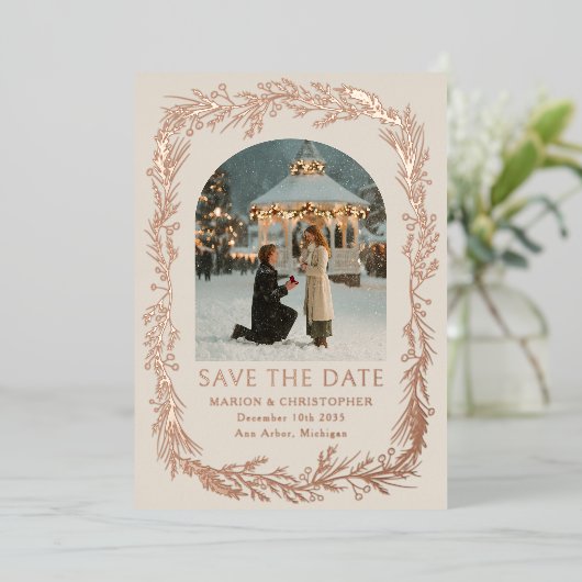 Winter Botanical Frame Photo Save the Date Folie Feestdagenkaart (Staand Voorkant)