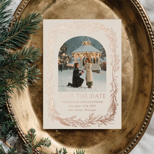 Winter Botanical Frame Photo Save the Date Folie Feestdagenkaart
