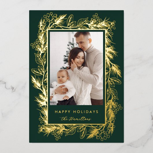 Winter Botanical Greenery Leaves Berries Christmas Folie Feestdagenkaart (Voorkant)