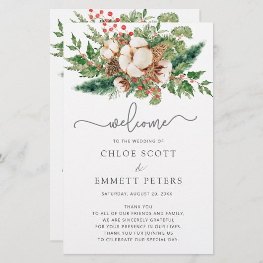 Winter Botanical Greenery Wedding Ceremony Program (Voorkant / Achterkant)