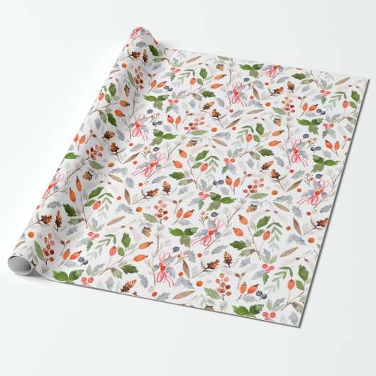 Winter Botanical Holly and Berries Cadeaupapier (Uitgerold)