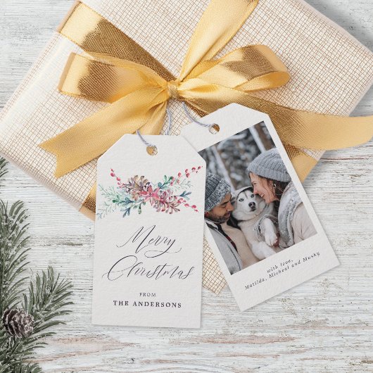 Winter Botanicals Beige Foto Vrolijk Kerstfeest Cadeaulabel