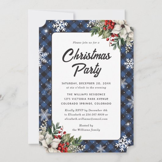 Winter Botanicals Blue Plaid Christmas Party Kaart (Voorkant)