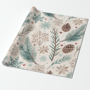 Winter Botanicals & Sneeuwvlokken - Rustieke Feest Cadeaupapier