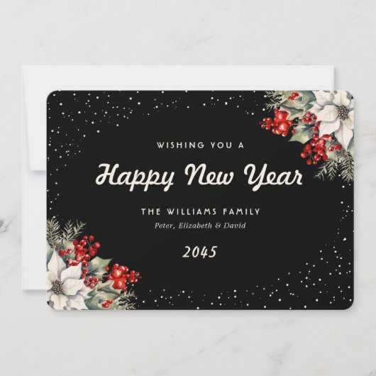 Winter Botanicals Snow Black New Year Card Feestdagenkaart (Voorkant)