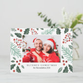 Winter Botanicals Vrolijk Kerstfeest Foto Rood Feestdagenkaart (Staand voorkant)