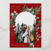 Winter Botanisch Frame Rood Twee Foto Kerstmis Folie Feestdagenkaart (Voorkant)