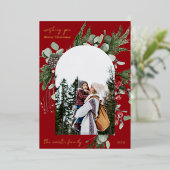 Winter Botanisch Frame Rood Twee Foto Kerstmis Folie Feestdagenkaart (Staand Voorkant)