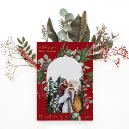 Winter Botanisch Frame Rood Twee Foto Kerstmis Folie Feestdagenkaart