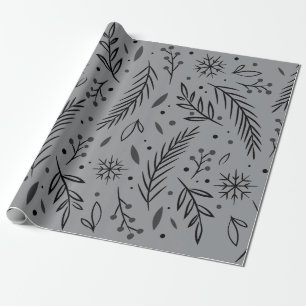Winter Botanisch Inpakpapier – Grijs & Zwart