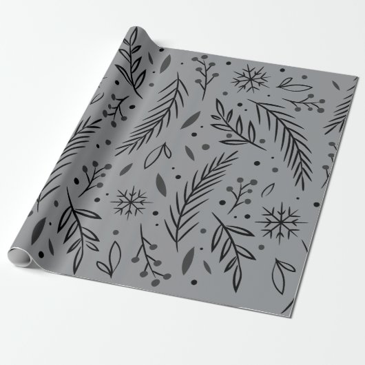 Winter Botanisch Inpakpapier – Grijs & Zwart (Uitgerold)