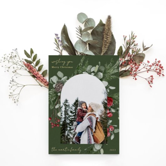 Winter Botanisch Kader Groen Twee Foto Kerstmis Folie Feestdagenkaart