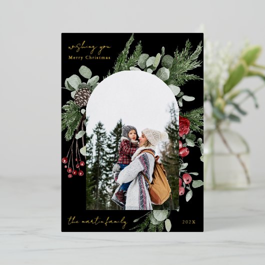 Winter Botanisch Kader Twee Foto Kerstmis Zwart Folie Feestdagenkaart (Staand Voorkant)
