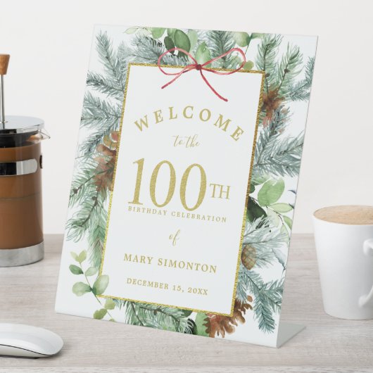 Winter Botanische 100th Birthday Party Welcome Reclamebord Met Voetstuk (Insitu)