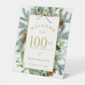 Winter Botanische 100th Birthday Party Welcome Reclamebord Met Voetstuk (Voorkant)
