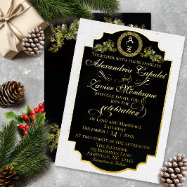 Winter Botanische Bloeiende Monogram - Zwart Folie Uitnodiging