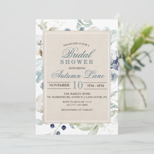 Winter Botanische Bloemen Bruids Douche Uitnodigin Kaart (Staand voorkant)