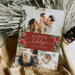 Winter Botanische Bourgondië Rode Moderne Script F Feestdagenkaart<br><div class="desc">Deze collectie bevat waterverf rode bloemen,  bessen en wintergroen met moderne en elegante typografie,  met een winter botanisch patroon op de achterkant.</div>