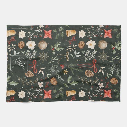 Winter Botanische Feestelijke Kerst Monogram Theedoek (Horizontaal)