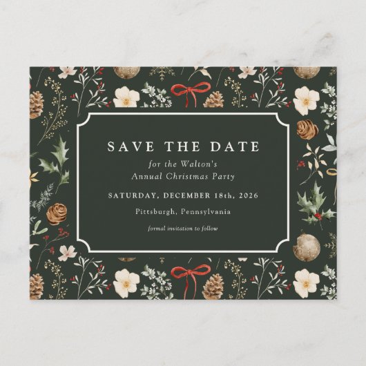 Winter Botanische Feestelijke Kerst Save The Date Feestdagenkaart (Voorkant)