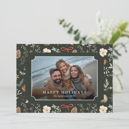 Winter Botanische Feestelijke Kerstfoto Feestdagenkaart (Staand voorkant)