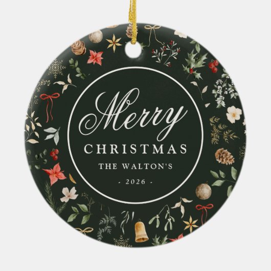 Winter Botanische Feestelijke Vrolijke Kerst Keramisch Ornament (Achterkant)