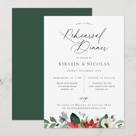 Winter Botanische Floral Rehearsal Dinner Aankondiging (Voorkant / Achterkant)