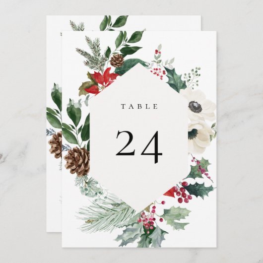Winter Botanische Floral Table Number Card Programmakaart (Voorkant / Achterkant)