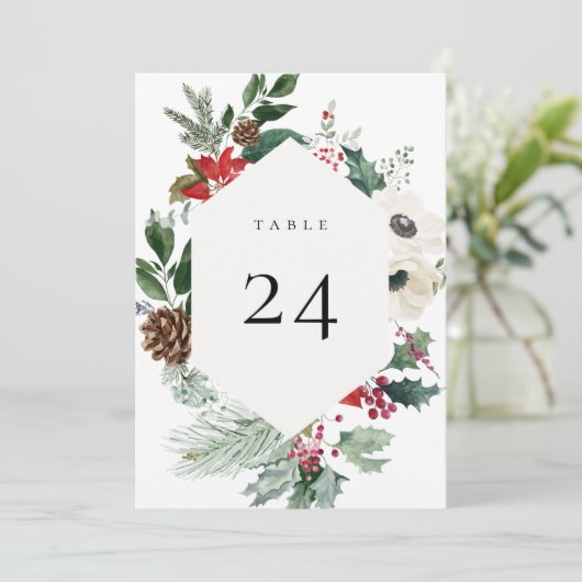 Winter Botanische Floral Table Number Card Programmakaart (Staand voorkant)