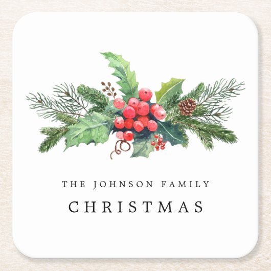 Winter Botanische Greenery Waterverf op maat Kartonnen Onderzetters (Voorkant)