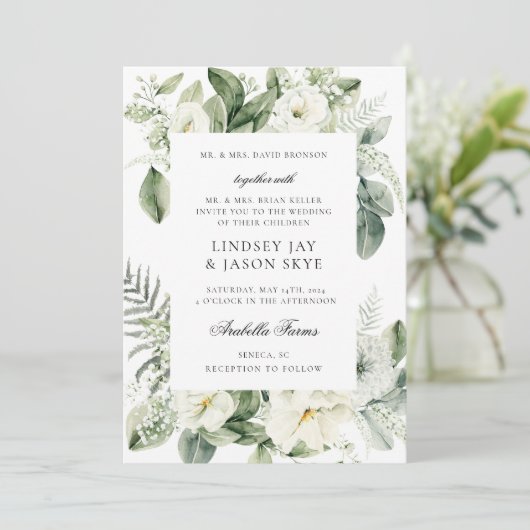 Winter Botanische Greenery White Floral Wedding Kaart (Staand voorkant)