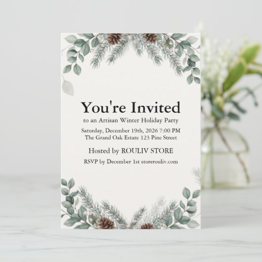 Winter Botanische Ivoren Kerstfeest Uitnodiging (Staand voorkant)