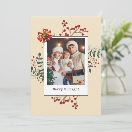 Winter Botanische kerstfoto Beige Feestdagenkaart (Staand voorkant)