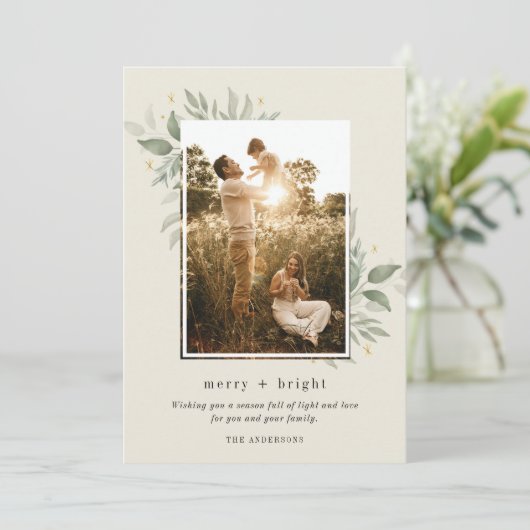 Winter Botanische Merry Bright Foto Kerstmis Feestdagenkaart (Staand voorkant)