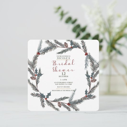 Winter Botanische Pine Berry krans Vrijgezellenfee Kaart (Staand voorkant)