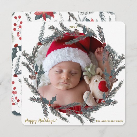 Winter Botanische Pine Berry Wreath Holiday Foto Kaart (Voorkant / Achterkant)