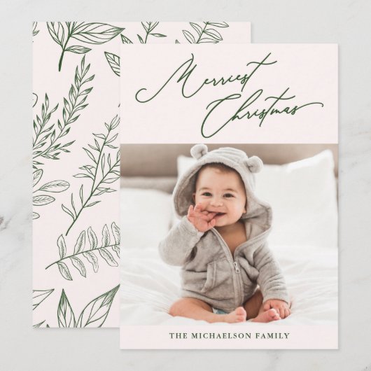 Winter Botanische Roze Merriest Kerstfoto Feestdagenkaart (Voorkant / Achterkant)