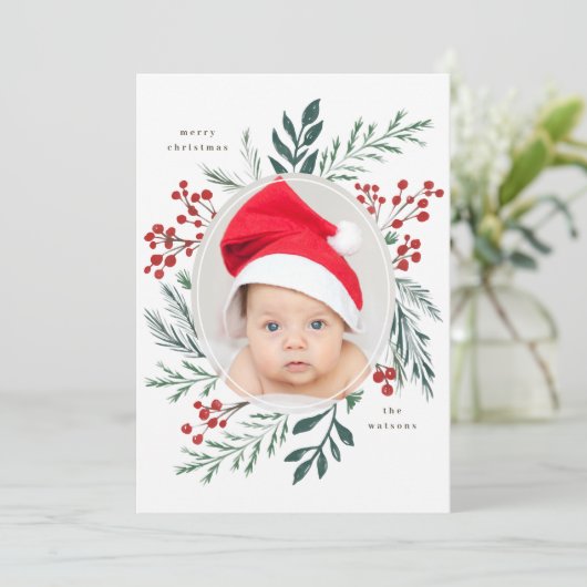 Winter Botanische stoffen Elegant kerstfoto Feestdagenkaart (Staand voorkant)